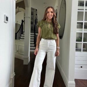 olive top white jeans outfit