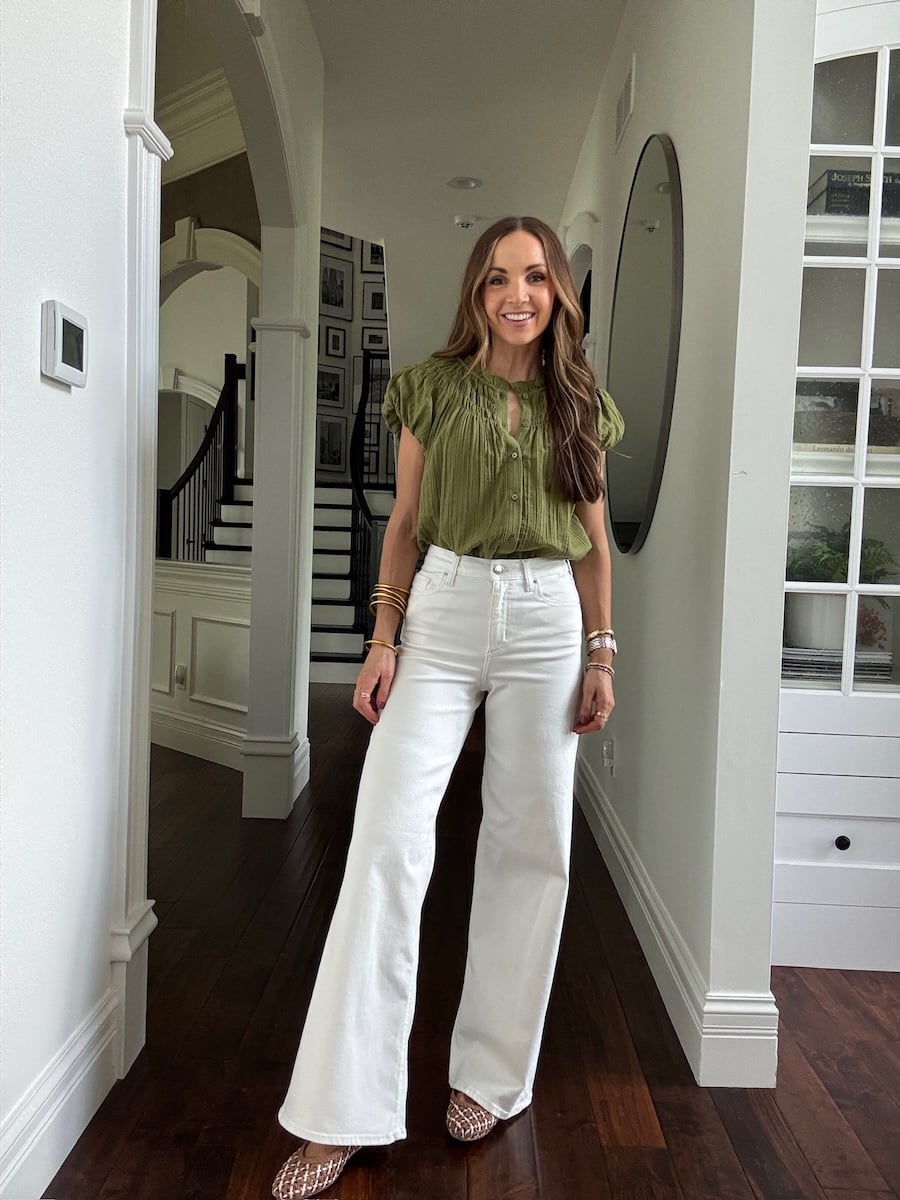 olive top white jeans outfit